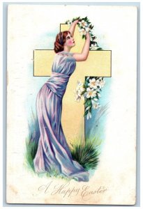 Easter Postcard Pretty Woman Holy Cross Flowers Embossed Tuck c1905 Antique