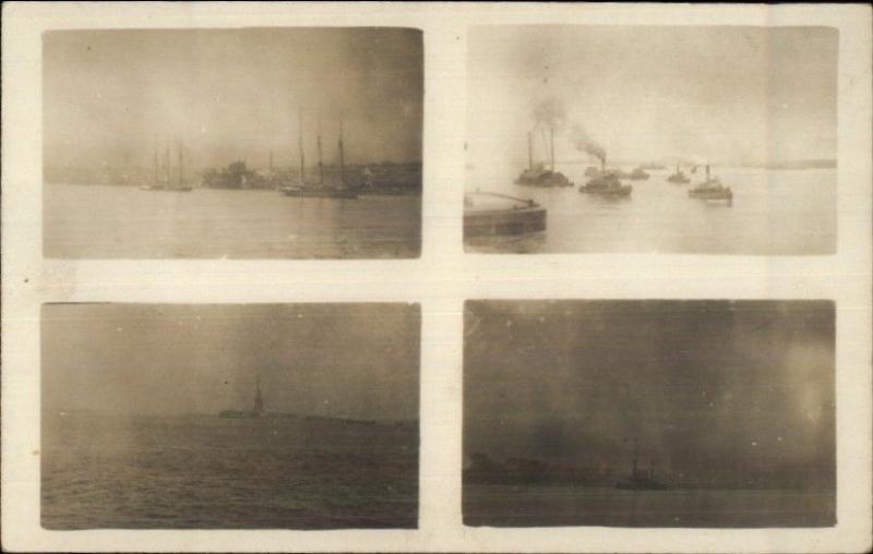 New York City Harbor Ships Statue of Liberty Multi-View Real Photo Postcard