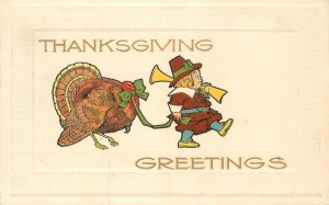 Postcard Thanksgiving Greetings Pilgrim Boy Turkey Gibson 23-4774