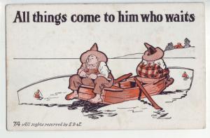 P1086 old comic card unused fishing all things come to him who waits