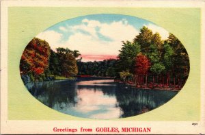 Vtg Scenic View Greetings from Gobles Michigan MI 1930s Old Linen Postcard