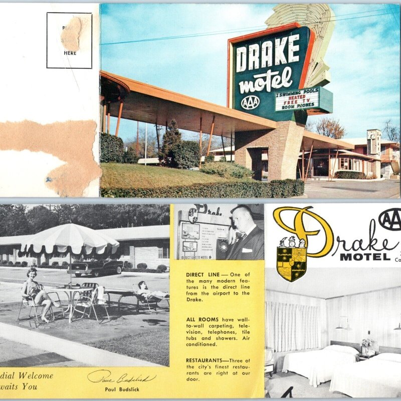 c1950s Nashville TN Drake Motel Advertising Novelty Postcard Fold Postfolio A243