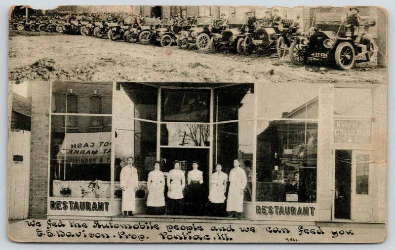 Pontiac IL~EE Davison Restaurant Staff~Automobile People~K of C Hall~Cars~c1910 