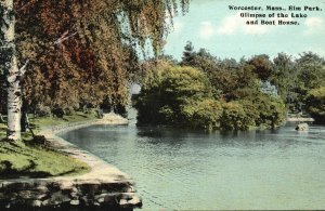Vintage Postcard Elm Park Glimpse of the Lake Boat House Worcester Massachusetts