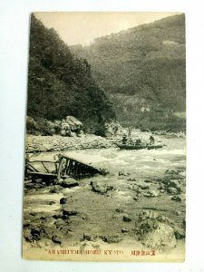 Vintage Postcard Arashiyma Hozu Kyoto Scene of River and Boat Japan