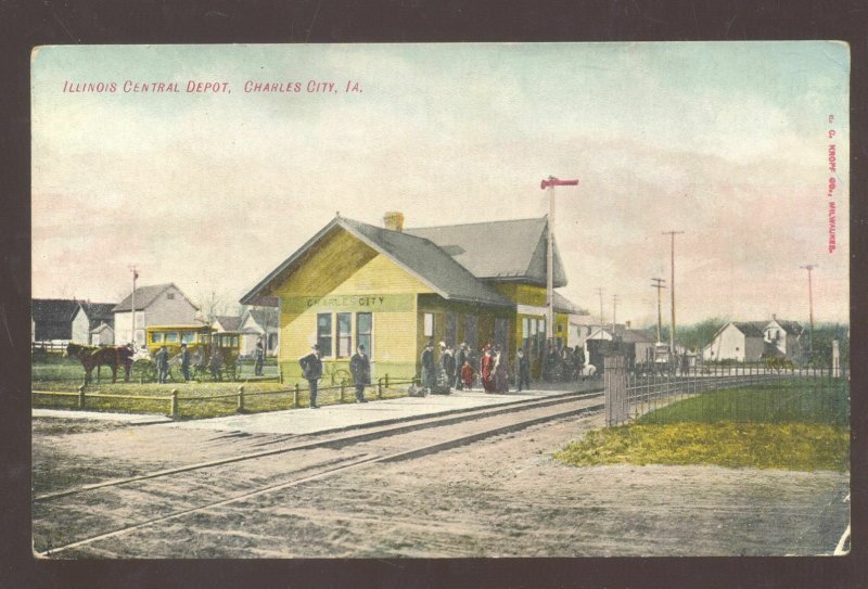 CHARLES CITY IOWA CENTRAL RAILROAD DEPOT TRAIN STATION VINTAGE POSTCARD