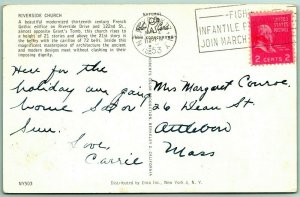 Riverside Church New York NY NYC 1953 Chrome Postcard I1