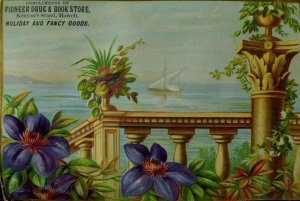 Embossed Pioneer Drug & Book Store Holiday & Fancy Goods Sailboat Sea Plants P39