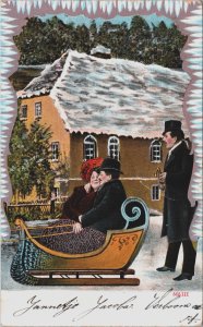 Romantic Couple Romance Sled Snow Vintage Postcard C189