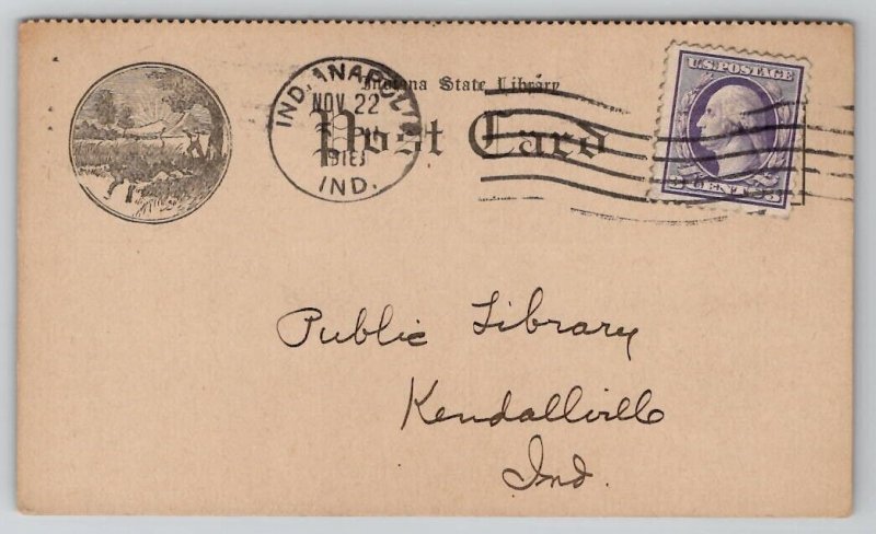 Indiana State Library 1918 To Kendallville Public Library Librarian Postcard A41