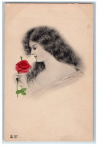 Pretty Woman Postcard Curly Hair With Red Rose Flower c1910's Unposted Antique