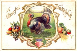 Thanksgiving Greetings With Turkey Fruit and Red White and Blue Shield