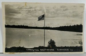 Pelican Lake Wisconsin RPPC Looking From Westhaven with US Flag Postcard L16