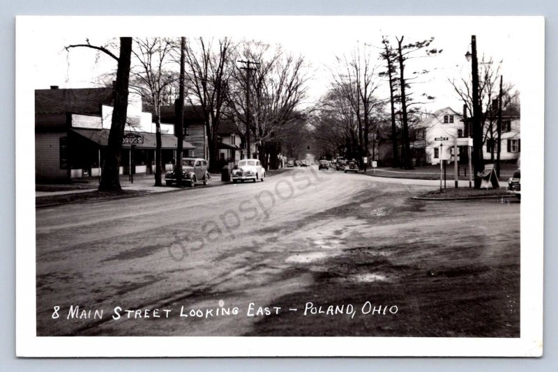 K12/ Poland Ohio RPPC Postcard c1950 Main Street East Stores Homes 84