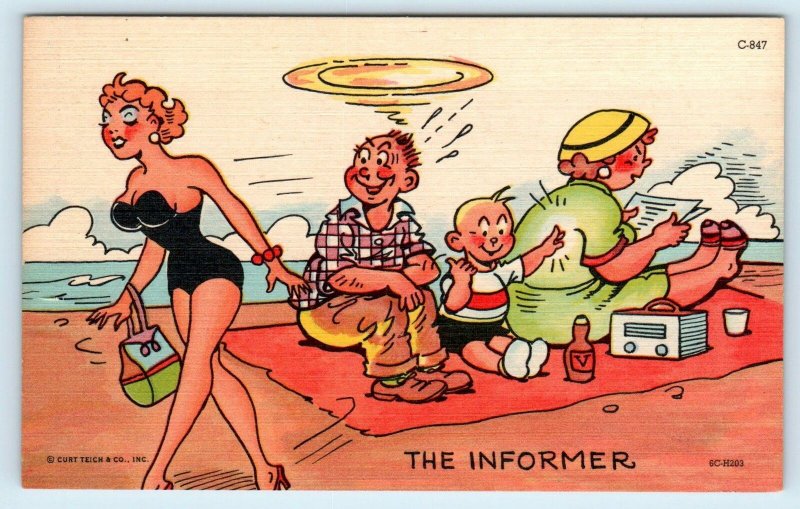 RISQUE  Comic c1950s  Curt Teich Linen Postcard THE INFORMER