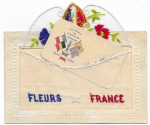 Embossed & Embroidered 1915 France PPC pocket, card Flags to Toronto World War 1