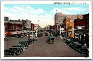 Vtg Fargo North Dakota ND Broadway Street View Old Cars Trolley 1920 Postcard