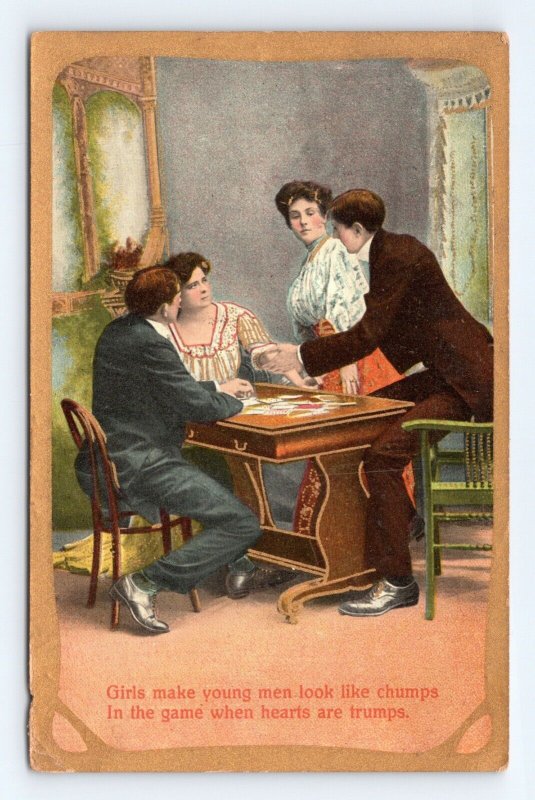 Romance Playing Cards Girls Make Men Look Like Chumps Hearts 1912 DB Postcard N2