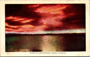 Vtg Sunset on Lake Minnequa Pueblo Colorado CO Unused Postcard