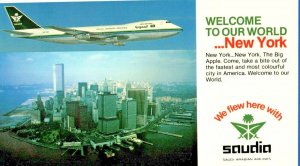 Vintage Saudi Arabian Airlines 'Welcome to New York' Postcard unposted 7x4