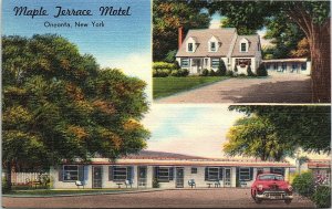 Postcard NY Oneonta Maple Terrace Hotel - OLD CAR - ROUTE 7 - LINEN C. 1945 A4