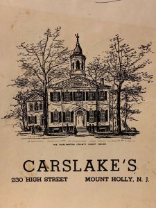 Vintage CARSLAKE'S Restaurant Menu 230 High Street Mount Holly New Jersey NJ