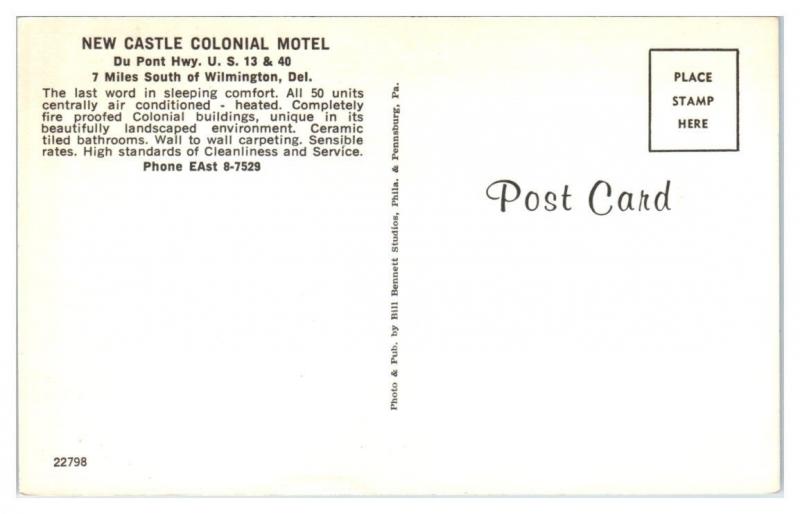 1950s/60s New Castle Colonial Motel, Wilmington, DE Postcard