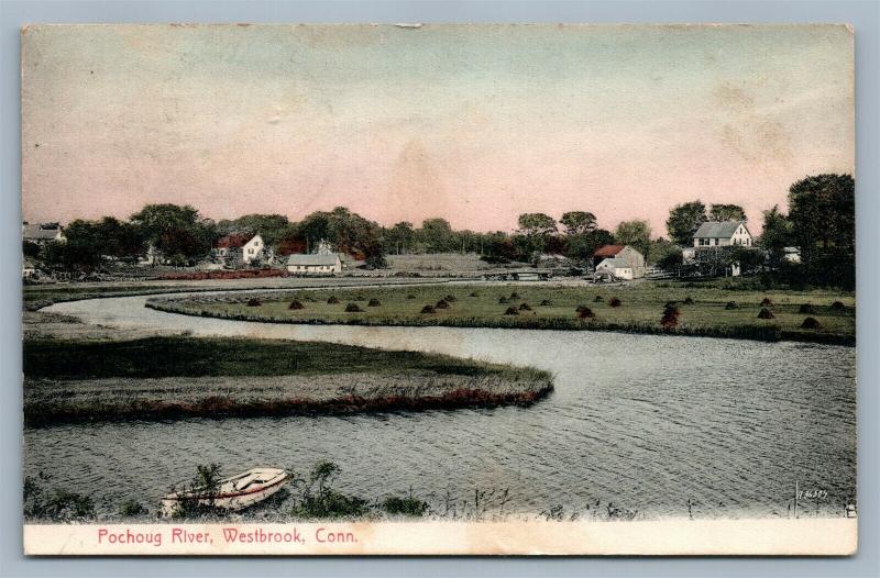 WESTBROOK CT POCHOUG RIVER 1912 ANTIQUE POSTCARD w/ CORK CANCEL