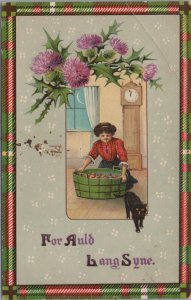 Postcard New Year Auld Lang Syne Woman Dunking or Apples With Fork Black Cat