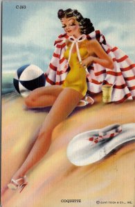 Sexy  Woman Bathing Beauty Coquette Beach Ball Linen Postcard Y19