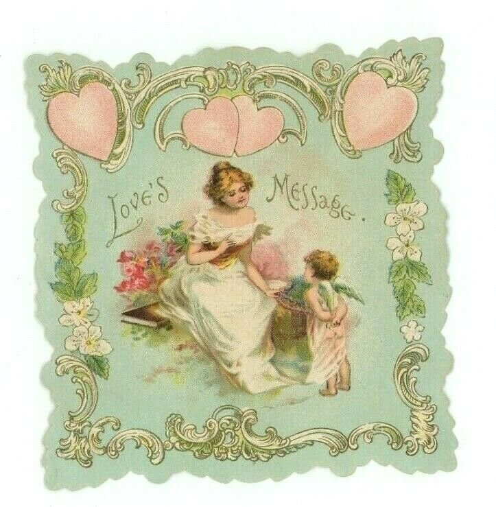 1880s Embossed Die-Cut Valentine Card Poem Cupid & Lovely Lady *A