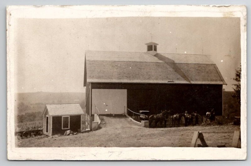 RPPC Large Bank Barn Men Farmers Horse Teams Real Photo Postcard S22