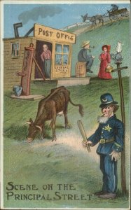 Police Officer Cop Town Pump & Post Office Comic c1910 Postcard
