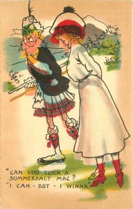 Postcard 1920s Scottish man kilt woman Somersault Comic Humor 23-2359