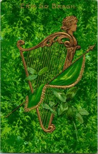 Vtg Carte Postale Winsch - Erin Go Bragh - Doré & en Relief - Harpe & Drapeau -