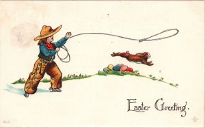 1911 Easter Greetings Bunny Catch Holiday Special Celebration Vintage Postcard