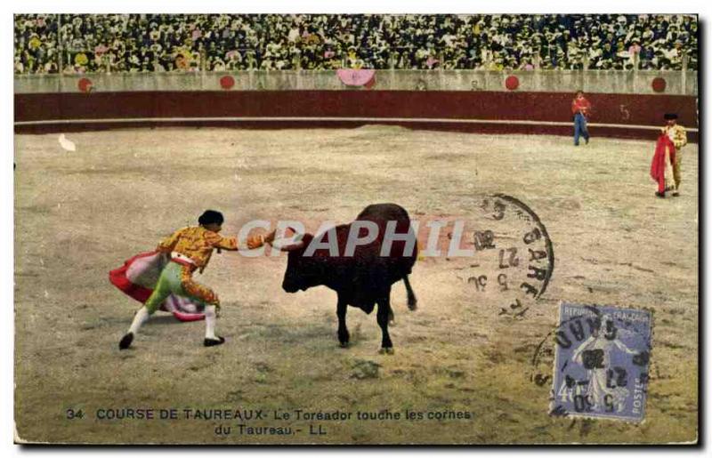 Old Postcard Bullfight bull Bullfight The bullfighter touch the bull's horns