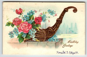 Birthday Flowers Postcard Gold Trimmed Embossed Pink Roses Basket Germany