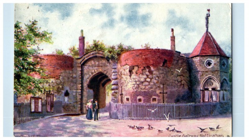 c1910 Birds Eating Scene, Castle Gateway Nottingham Oilette Tuck Art Postcard