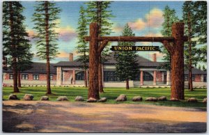 VINTAGE POSTCARD THE UNION PACIFIC RAILWAY DEPOT AT WEST YELLOWSTONE MONTANA