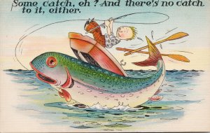 Fishing Comic Huge Fish 'Some Catch Eh' Angling Linen Postcard G70