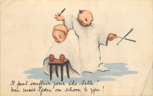 Humor comic caricature postcard children playing barber scissors haircut