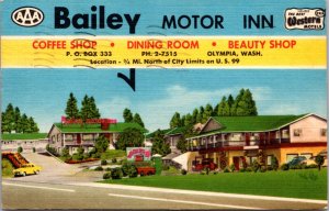 Linen Postcard Bailey Motor Inn on U.S. 99 in Olympia, Washington