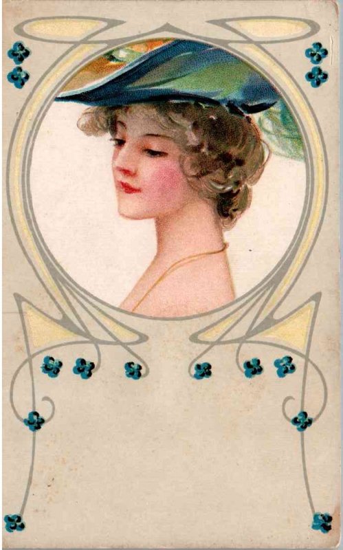 Pretty Lady in Blue Hat - c1908