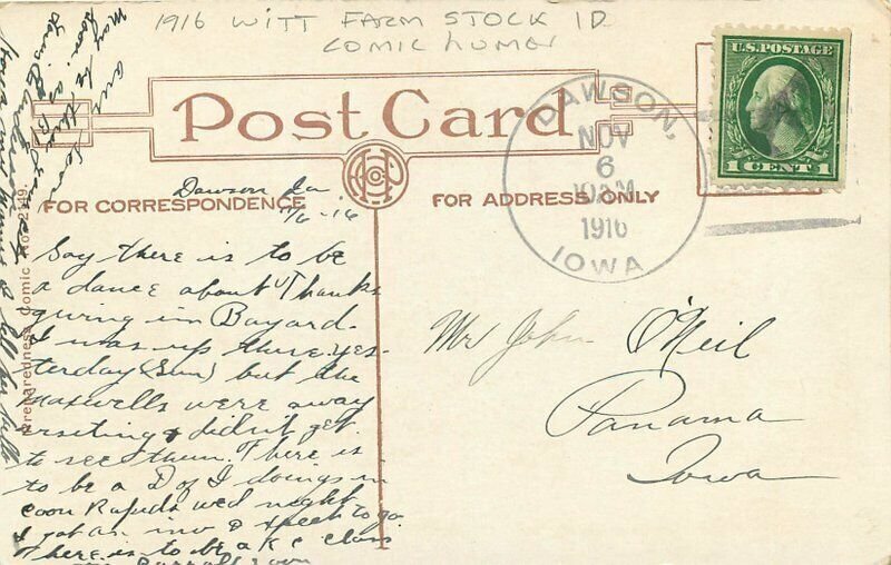 Iowa Stock 1916 Artist Impression Comic Humor Witt Farm Postcard 22-2542