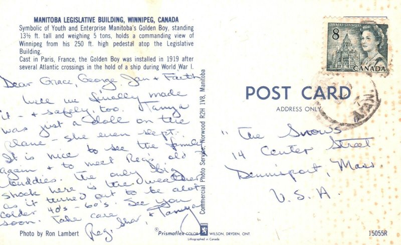 Vintage Postcard Manitoba's Golden Boy Statue Symbolic of Youth Winnipeg Canada