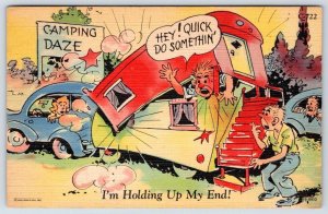 1950's CAMPING DAZE MISHAP LINEN CURT TEICH LINEN HUMOR COMIC TRAILER POSTCARD
