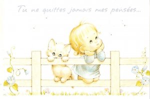 Little child and his kitten Lovely modern French, artist drawn, postcard