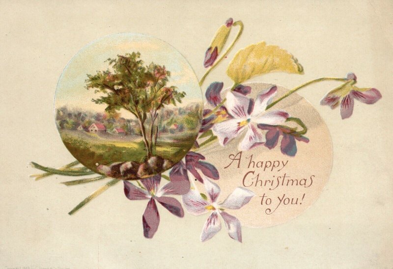 1880s-90s White & Purple Flowers A Happy Christmas to you! Trade Card