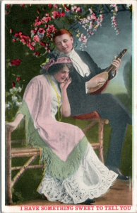 Postcard  Valentine - Man serenading woman with mandolin - 4 bar cancel